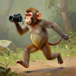 a monkey holding camera in an oil painting, running freely, high detail, high polygon-W 768
