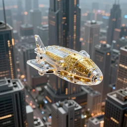 a translucent miniature spaceship made of gold glitter flies between skyscrapers in a cyberpunk city of the future