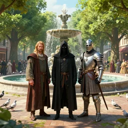 three guilders : a magician, a murderer and a warrior, stand in the middle of the square in front of the fountain, daytime, lots of greenery, doves, peter morbacher style, ray tracing, octane render, cinematic, digital art, realistic, high quality, 8 k