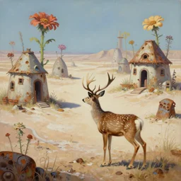 a queer deer is visiting a post - apocalyptic town of flower huts in the badlands, matte oil painting, extreme body modification, salt dunes, rust, retrofutistic, science fantasy, rpg, roguelike, epic, plants