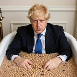 Boris Johnson sitting in a bath of beans