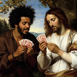 the weeknd and drake playing cards by botticelli, brown skin, classical painting, digital painting, romantic, vivid color
