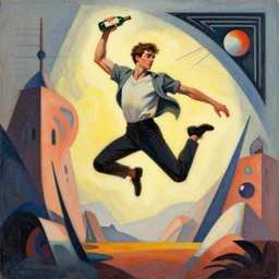 artistic rendition of a man jumping in the while holding a bottle, futurism