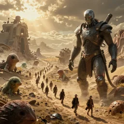 surreal landscape bizarre parade deep perspective small biomorphic creatures in background large disturbing humanoid in the foreground perfect composition golden ratio epic scene unreal render hyperrealistic detail Star Wars