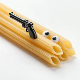 A long shot photograph of a giant penne pasta with eyes and let's Weilding a gun, 4k, ultra HD