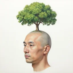 A detailed painting of a bald man with a tree growing out of the head