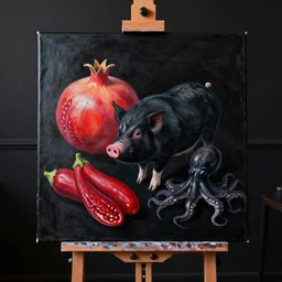 painting of a black painted canvas, on an easel in a dark room with black walls, pomegranate, a black pig, red courgettes, black octopus, oil on canvas
