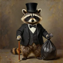A raccoon wearing formal clothes, (wearing a tophap) and holding a cane. The raccoon is holding a garbage bag. Oil painting in the style of Rembrandt