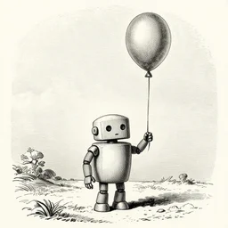 lonely robot with a balloon, victorian magazine illustration
