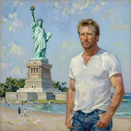 bright beautiful oil painting of charlton heston on a beach with a ruined statue of liberty, light scatter, van gogh