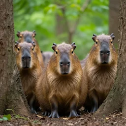 several capybaras peeping the camera in a forest