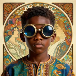 colourful vfx upper half - portrait - art of a nigerian boywearing steam punk goggles, art by utagawa kunisada, james jean & alphonse mucha, symmetrical, intricate detail, concept art, volumetric light, ray tracing, caricature, digital illustration, octane 3 d render, unreal engine, sharp, pinterest, behance, art station,