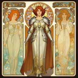 front facing symmetrical centered portrait, Imogen Poots as a Paladin, Art Nouveau, Arcane art style, fantasy concept art by Tomer Hanuka, cgsociety, vanitas, ilya kuvshinov, Mucha, 2d game art