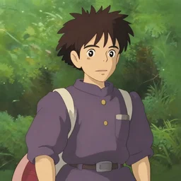 Medium shot of a typical character in the style of Ghibli Studio