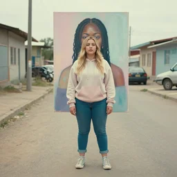 still from music video of emma roberts from die antwoord standing in a township street, wearing a hoodie, street clothes, full figure portrait painting by njideka akunyili crosby and martine johanna, pastel color palette, 3 5 mm lens
