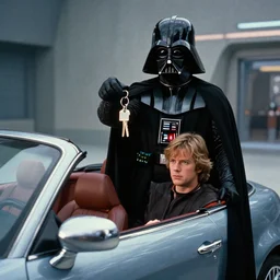 movie still 4 k uhd 3 5 mm film color photograph of darth vader giving luke skywalker the keys to a brand new fiat convertible
