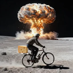 a wheel of cheese is cycling fast on a bike on the surface of the moon and drives away from a huge and dangerousmushroom cloud of a nuclear explosion. photorealistic