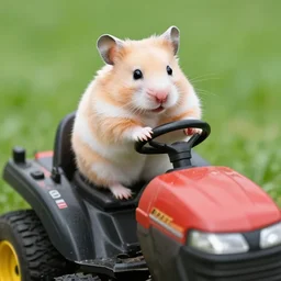 hamster sitting on riding lawn mower