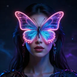 a portrait of a beautiful woman with a neon butterfly covering her face head, cult secret society art by james paick, and shaddy safadi, ominous, cosmic magic, trending on artstation, ultra detailed, hyper realistic 4 k, cinema 4 d, c 4 d, 3 d render