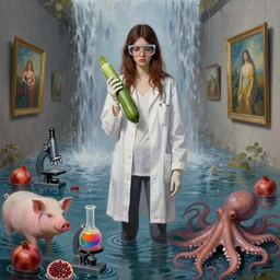painting of a tall emo girl holding a courgette in a flooded art gallery, waterfall, paintings on the wall, pomegranates, microscope, beaker of coloured liquid, pigs, bunsen burner, octopus, lab coat, safety goggles, latex gloves, zen, sensual, surrealist, by magritte and monet