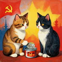 two communist cats sharing a can of tuna, constructivism style, soviet propaganda