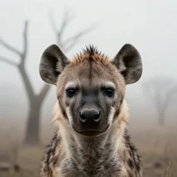 photographic portrait of a wrinkly sad hyena face, max ernst, dried tree in fog