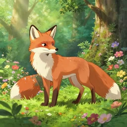 a beautiful fox in the forest covered in flowers, flowers everywhere, sunlight beaming down, studio ghibli style, soft fur, two pointed ears, long tail, high octane filter, beautiful lighting, wildlife, feral, detailed anime artwork
