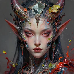 face closeup of beautiful cybernetic demon in intricate detailed color smashing fluid oilpaint, 3 d render, hyper realistic detailed portrait, color leaves, melting wax, ornate headpiece, broken mirror, fluid acrilic, thin fractal tendrils, ruan jia, wlop. scifi, fantasy, hyper detailed, octane render, concept art, by peter mohrbacher, by wlop