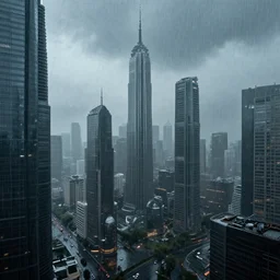 a future city in 2 0 4 9 with rain, darness