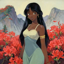 black - skinned princess of the azalea mountains. this gouache painting by the award - winning mangaka has an interesting color scheme, plenty of details and impeccable lighting.