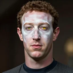 Mark Zuckerberg as Data from Star Trek, with white face paint and yellow contacts