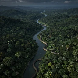 high altitude aerial view of a long sinuous river snake going through a tropical forest at night, parallel realities, 3 d photorealistic octane render, 8 k, sharp focus, dramatic lighting, ambient lighting, renaissance painting, by michael kutsche, by artgerm and tim burton