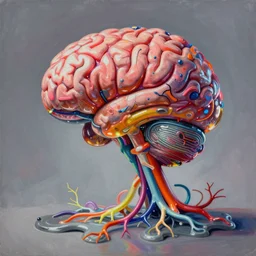an extremely high quality hd surrealism painting of a 3 d perspective neon complimentary - colors cartoon surrealism melting sculpture gallery cast glass biological anatomical brain by a much more skilled version of kandinskypicasso and salvia dali the fourth, salvador dali's much much much much more talented painter cousin, 8 k, ultra realistic, very realistic, nerves, veins, neurons, 4 k