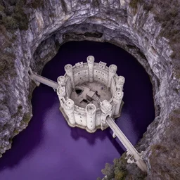 [ purple palette ], deep cavern with a circular limestone castle connected to the cavern walls by a wide bridge, surrounded by a lake of liquid purple metal, aerial view,