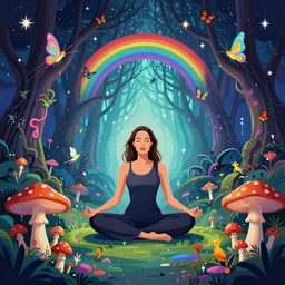 angelina jolie meditating, enchanted cosmic forest, mushrooms on the ground, small fairies, stars in the sky, butterflies, rainbows, psychedelic, wide angle shot, vector art, optical illusion, heavenly underwater, 4 k, fantasy poster by helen huang and frank frazetta and salvador dali