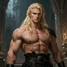 blonde gigachad warlock in ancient castle, wearing black clothes, herculean bulging muscular figure, beautiful gigachad, soft lighting, highly detailed face!!, sharp focus, artstation, by gaston bussiere, augustus edwin john and john singer sargent