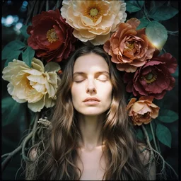 n analog head and shoulder frontal face photography of a Caucasian woman surrounded by big massive flowers and vines and roots by Zhang Jingna. Long hair. closed eyes. Kodak Portra 800 film. Depth of field. whirl bokeh. Sunshine. detailed. hq. realistic. warm light. muted colors. Moody. Filmic. Dreamy. lens flare. Leica M9, f/1.2, symmetrical balance, in-frame