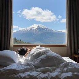 🛌 on 🏔 with a clear ☁ in the background