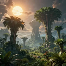lush alien planet with megaflora, multiple suns, sci - fi, 4 k, photorealistic