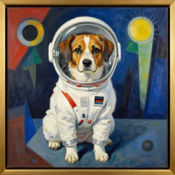 a beautiful painting, dog in a space suite, by vladimir mayakovsky, by kazimir malevich, long shot