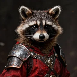 Portrait of a raccoon humanoid in heavy armor with red clothing. Dark fantasy, digital art, HD, detailed.