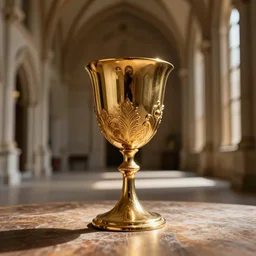 macro shot of a gold goblet sitting on a table in the hall of a great castle