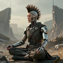 meditating monk with mohawk and big tattoo on face and cybernetic enhancements, scifi character portrait by greg rutkowski, craig mullins, cinematic lighting, dystopian scifi outfit, profile picture, mechanical, cyborg, half robot ultra realistic 8 k resolution, the backdrop of a post - apocalyptic landscape.