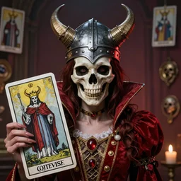 Queen of Hearts wearing Viking War Helmet, Death Tarot card,highly detailed,half skull face,cinematic,8k,by Stanley Artgermm,Tom Bagshaw,Greg Rutkowski,Carne Griffiths, Ayami Kojima, Beksinski, Giger,trending on DeviantArt,hyper detailed,horror, full of colour