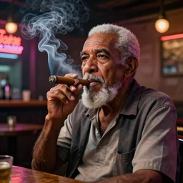 a intricately detailed portrait of an old cuban man smoking a lit cigar in an pub with a neon bar, smoke rising like clouds, balanced, trending on art station, volumetric lighting & shadows, hyper detailed, digital art, unreal engine, 4 0 0 mm f 1. 8,