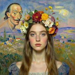 The girl with flowers as a head, surreal landscaping in the background, portrait by Salvador Dali and Monet, concept art, 4k, trending on ArtStation