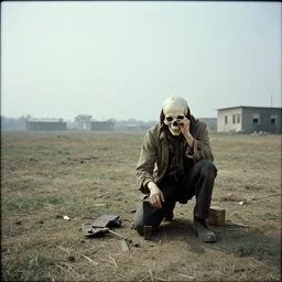 the death character working in a open-space, 1970.