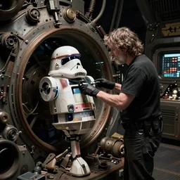 film still from star wars, android working in a dimly lit industrial junk engine room. interior set design photograph by denis villeneuve 2 0 4 9