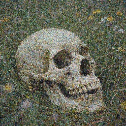 professional, atmospheric photograph of decaying bones. in a meadow of flowers