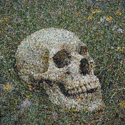 professional, atmospheric photograph of decaying bones. in a meadow of flowers